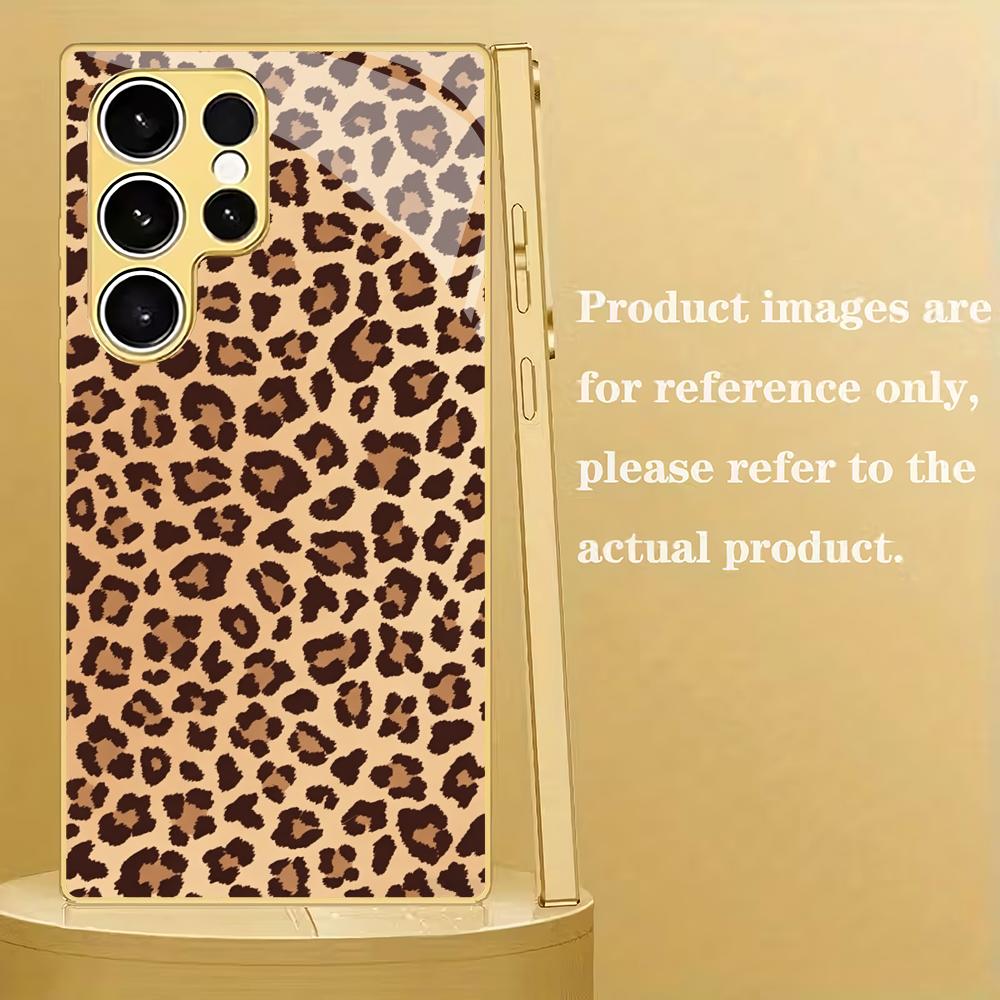 Leopard Print Metallic Paint Glass Phone Case Suitable for Samsung Galaxy S26 S25 S24 S22 S21 S20 FE/Ultra/Plus Anti Drop