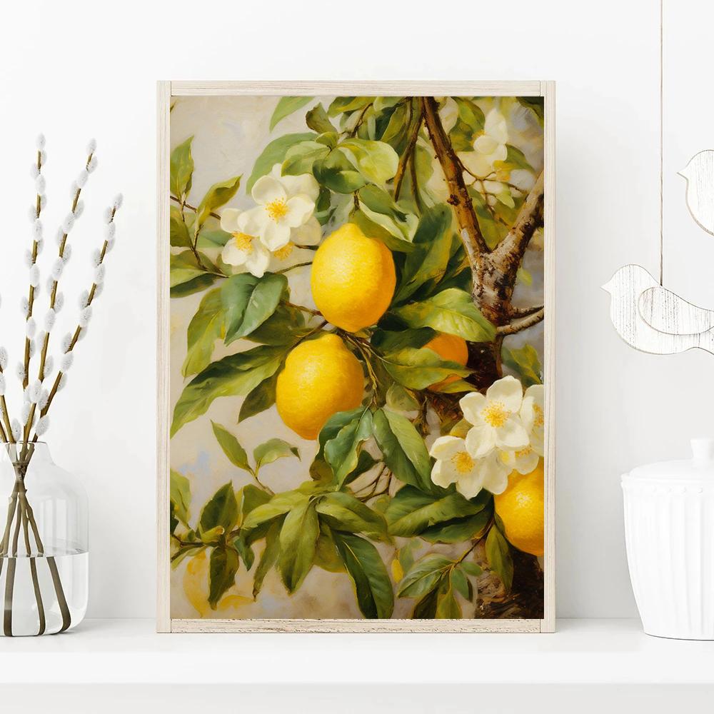 Apple Lemon Tree Still Life Canvas Painting Poster Vintage Fruit Print, Neutral Botanical Antique Kitchen Wall Art  Home Decor