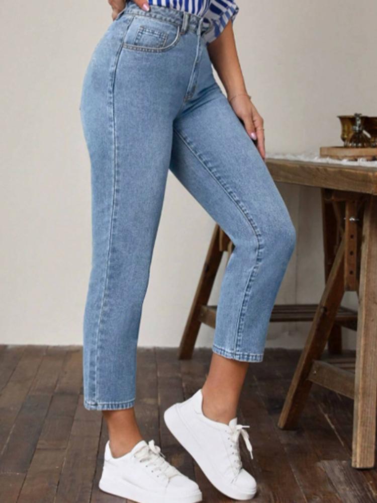 Taschen Mikroelastische Hosen Hohe Taille Einfarbige Damen Gerade Hosen Mode High Street Täglich Vielseitig Frühling Jeans