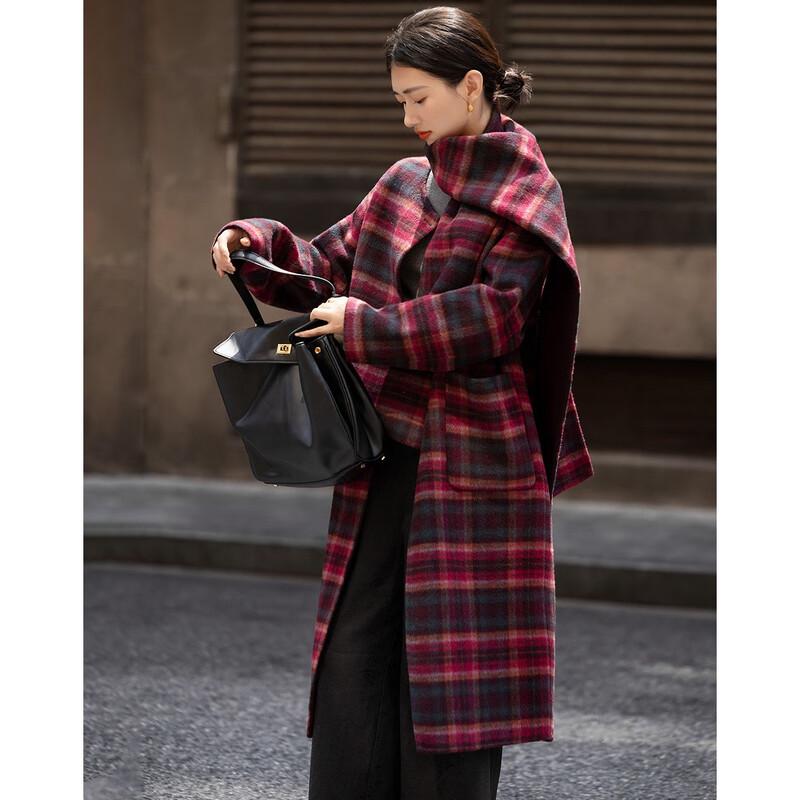 Demana Women's Plaid Double-Sided Wool Blend Winter Coat with Tassel Scarf