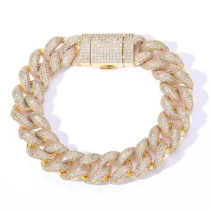 BES 15 mm Fashion Hip Hop Brass Bracelet Cuban Chain with Iced Out Zircon Gold Plated Jewelry for Anniversary Party Trendy Style