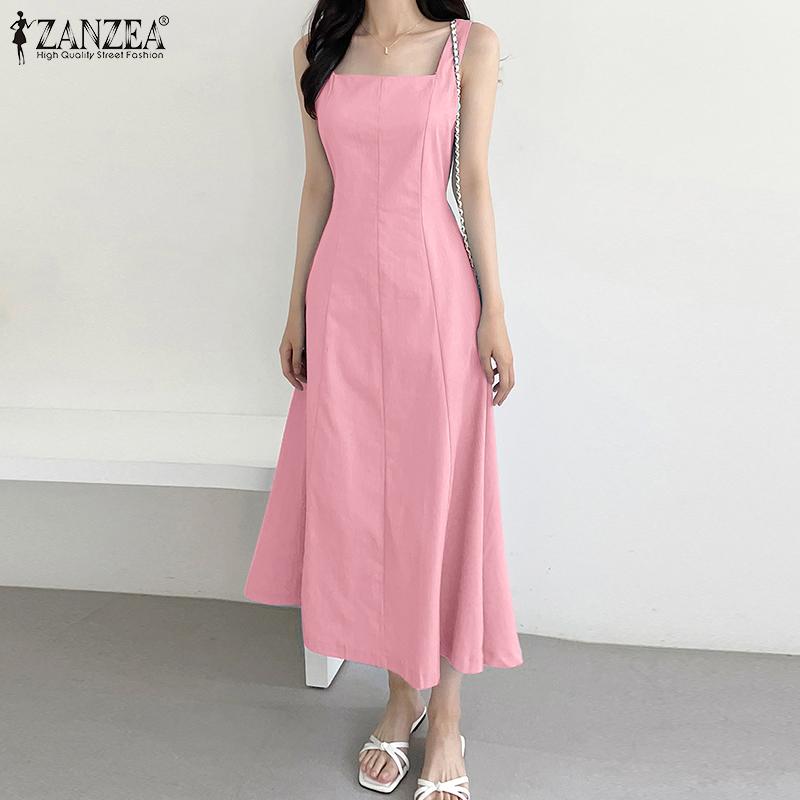 ZANZEA Women Casual Square Collar Summer Sleeveless Long Dress