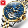 OLEVS Brand Luxury Tourbillon Watch for Men Stainless Steel Waterproof Calendar Fashion Moon Phases Blue Mechanical Watches Mens