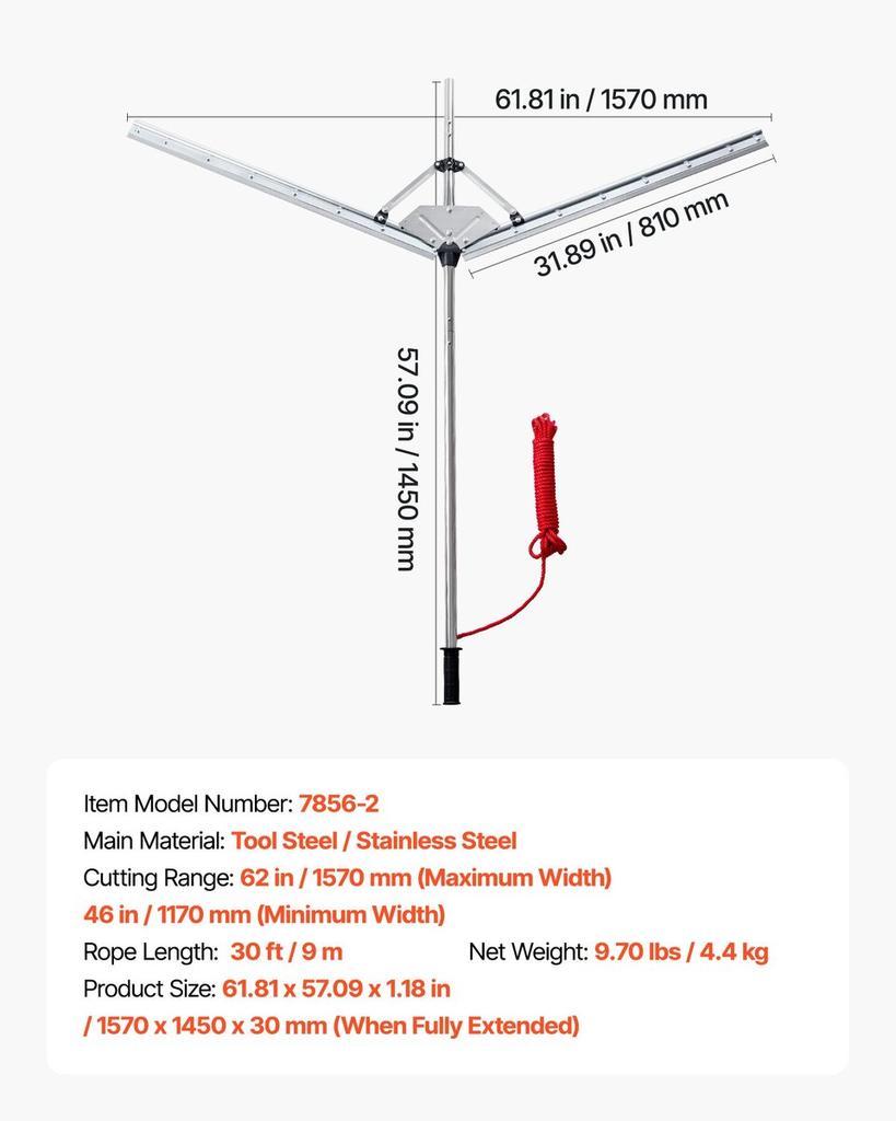 Lake Weed Cutter, Pond Aquatic Plant Cutting Tool with 1.57 m Max. Cut Width, Sharp and Heavy-Duty Steel Blades, Pond Rake with 9 m Throw Rope, for