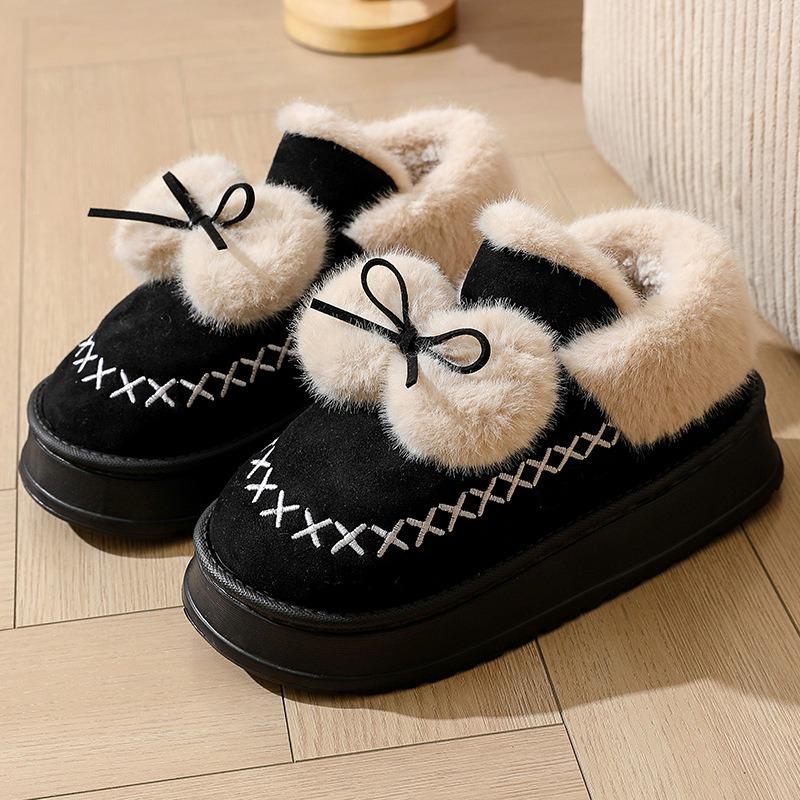 Slippers winter outer wear bag heel thick-soled indoor bow, cotton shoes winter velvet warm low-top cotton slippers women