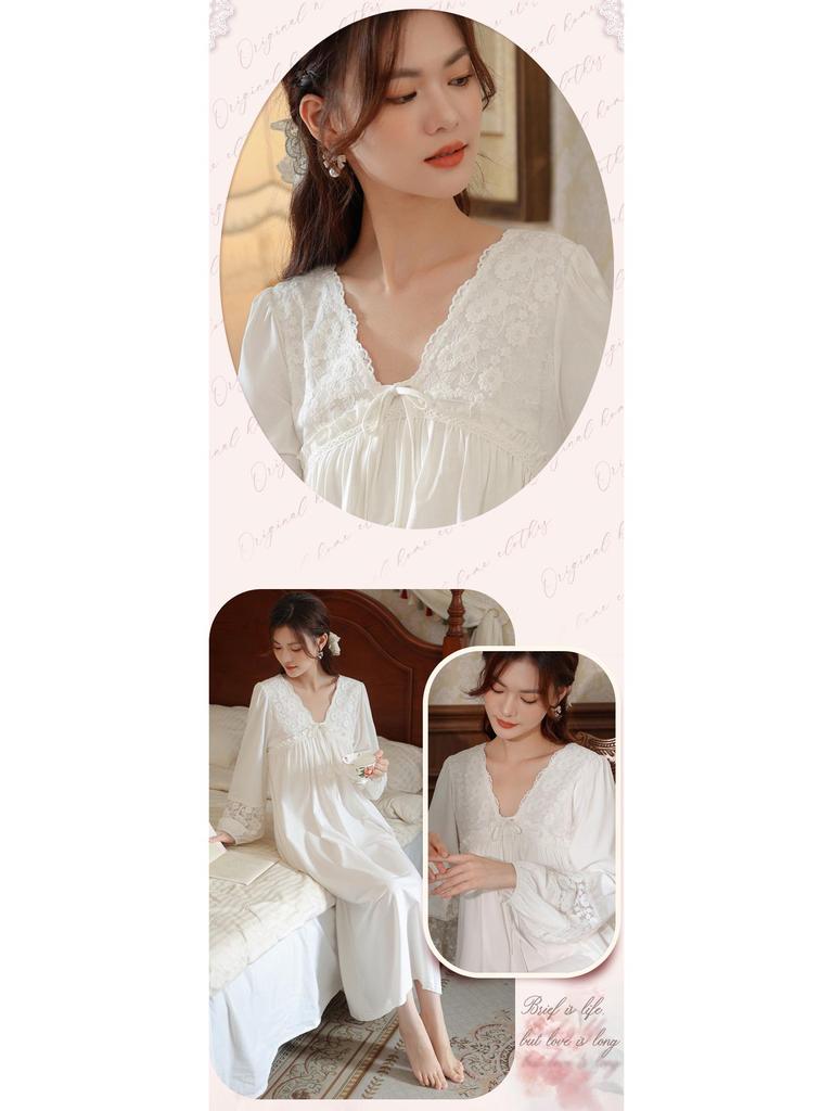 Langärmliges Damen-Nachthemd aus Baumwolle – französische Spitze, Prinzessinnen-Stil, vielseitig für drinnen und draußen, perfekt für Herbst/Winter.