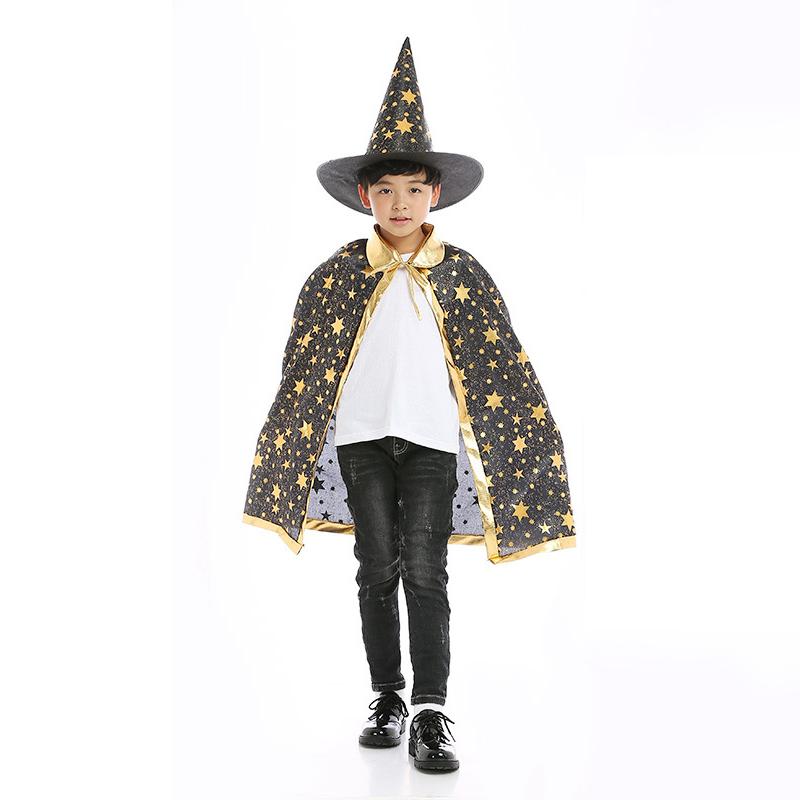 Sydanne Kids Magician Wizard Cloak Hat Cosplay Costume Hot Stamping Five-pointed Star Cloak Party Costume Halloween Costume