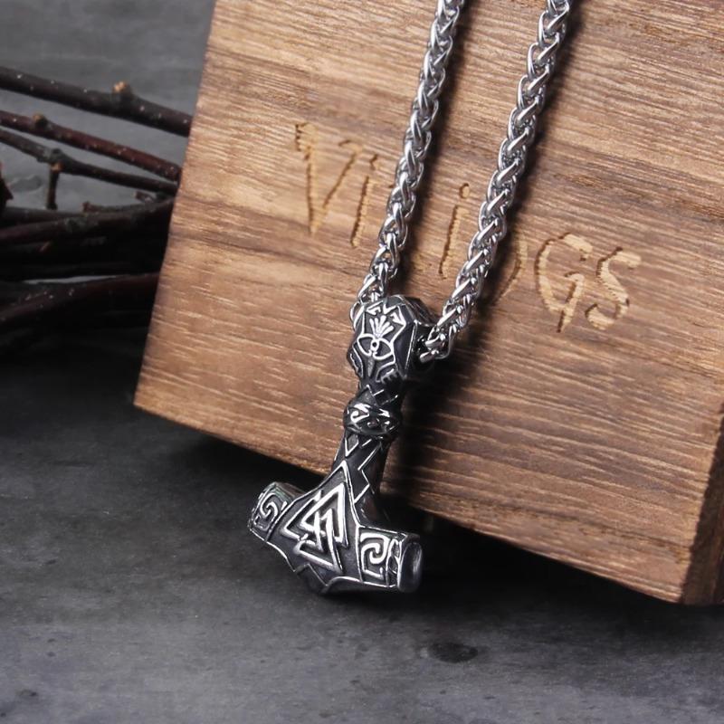 Nordic Viking Stainlesss Steel Yggdrasil Wolf Rune Necklace With Valknut and wooden box as gift