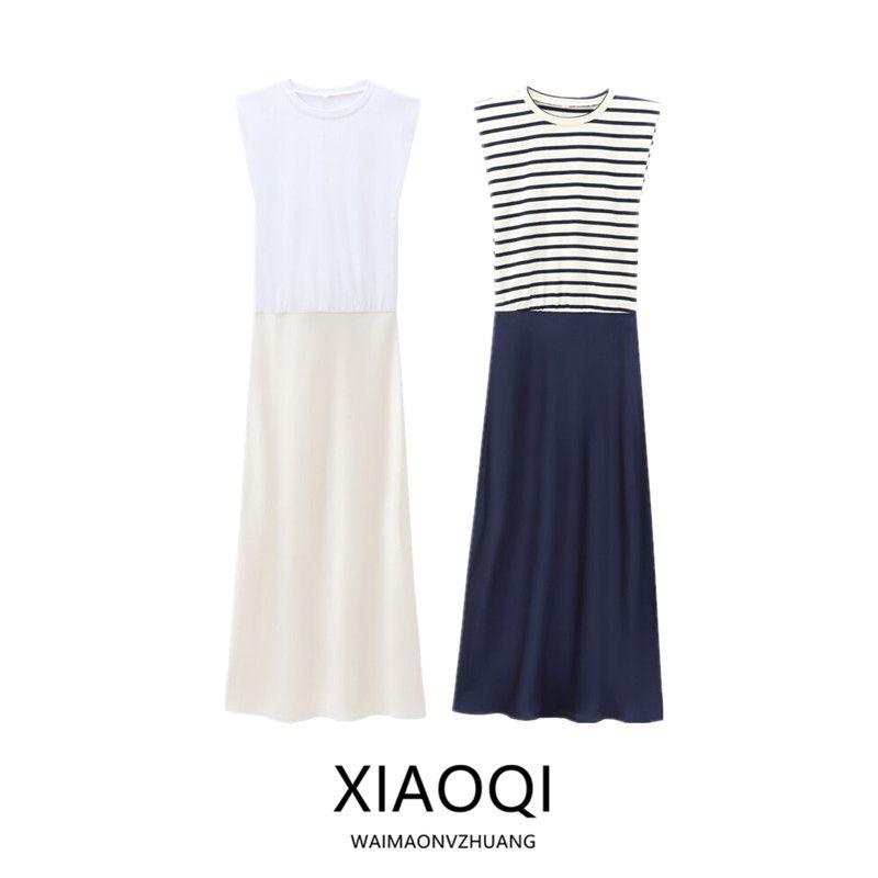 Western Style 2024 Autumn New Women Clothes Midi Sleeveless Round Neck Stripe Long Dress 2157224