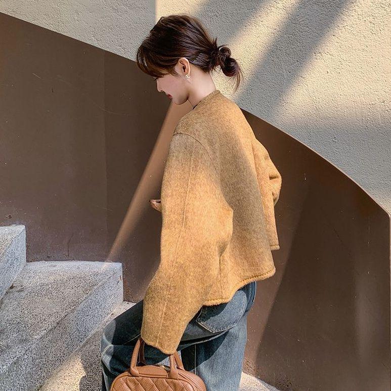 Trendig Kort Ullkappa Dam Höst Vinter Mysig Fuskull Tweedjacka Elegant Lat Stil Toppval