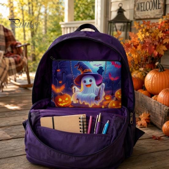 Wear-resistant Canvas Pouch Halloween Storage Bag, with Colorful Cartoon Ghost Print, Durable Travel Bag Makeup Zipper Large Capacity Lightweight