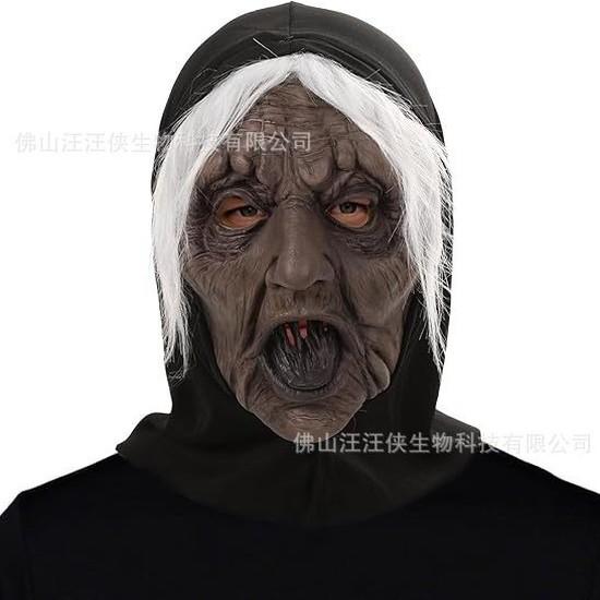 Horror Witch Mask, Scary White-Haired Old Woman Witch Mask, Halloween cosplay Simulated scary headgear