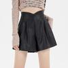 2024 Autumn/Winter Women's High Waist V-Shape PU Leather A-Line Shorts - Korean Style Casual Slimming Wide-Leg Booty Shorts