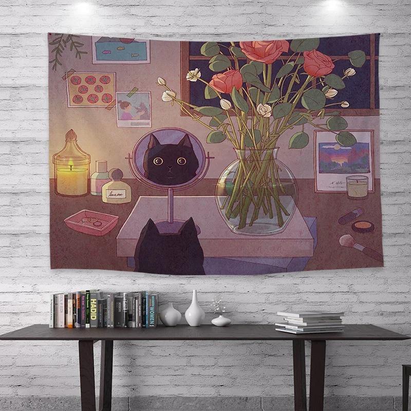 Cute Cat Print Background Cloth Office Living Room Tapestry Home Wall Decoration Tapestry