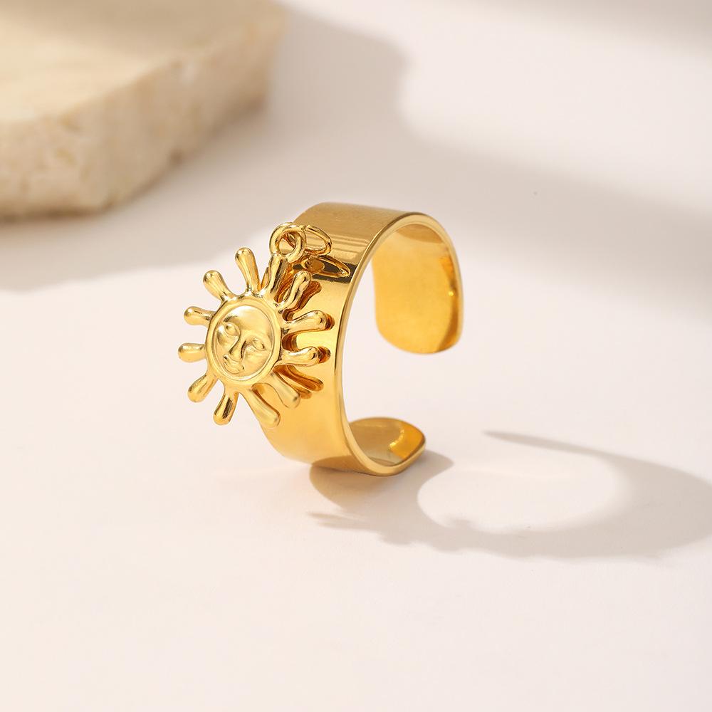 Stainless Steel Smooth Wide Edge Rings for Women Men Punk Gold Color Sun Pendant Open Rings Female Hiphop Party Jewelry Gifts