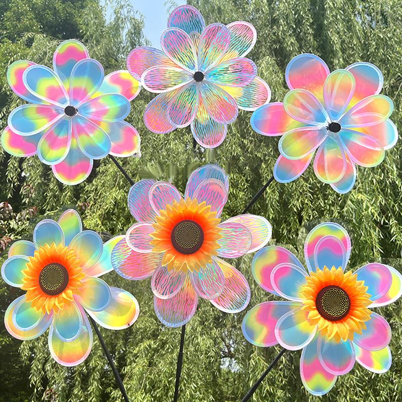 1 Piece Colorful Film Double-Layer Sunflower Windmill Rotating Sunflower Wind Spinner Stake Standing Lawn Flower Pinwheel