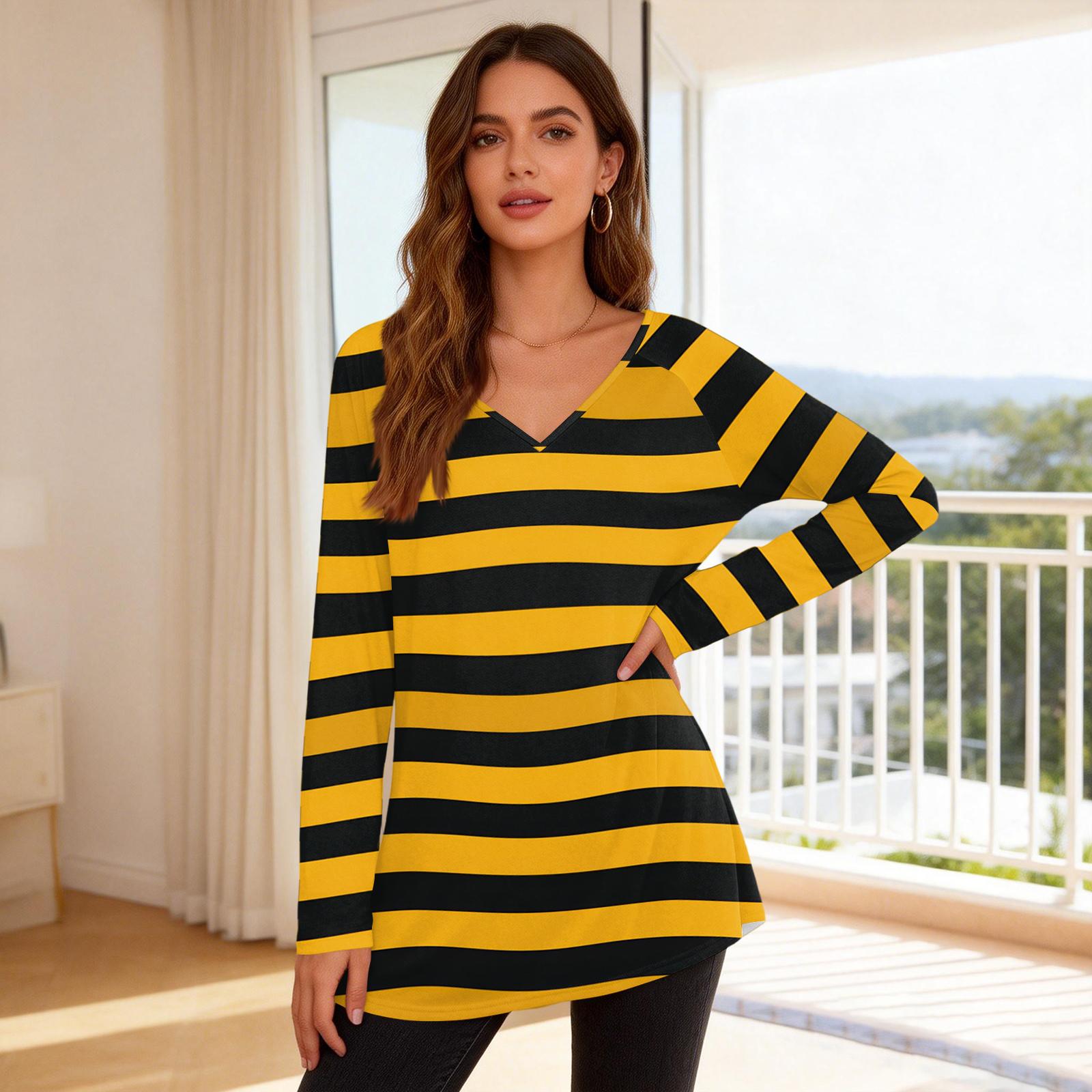 

Women s Fashionable Casual Long-Sleeved Striped Print V-Neck Mid-Length Top XL