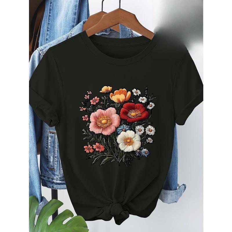 

European Size Colorful Floral Patterned T-Shirt, Perfect for Casual Everyday Wear 4XL