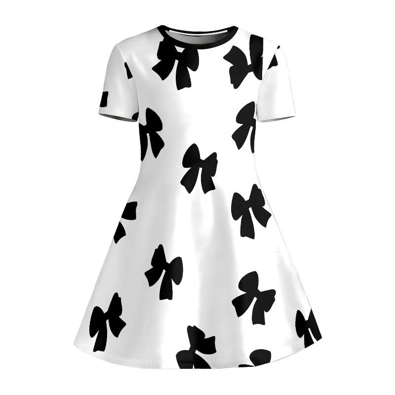 Little Girls 3 Styles Bow Butterfly Number Floral Print Round Neck Short Sleeve A-Line Kids Summer Flared Swing Dress