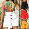 Casual Summer Beach Kvinner Ensfarge Belted Buttons High Waist Shorts Hot Pants