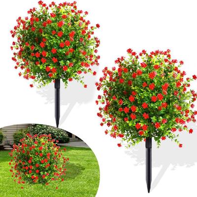 1 Pc/2 Pcs Artificial Topiary Ball Trees UV Resistant Faux Plants With Flowers Realistic Faux Greenery Shrubs With Ground Spike