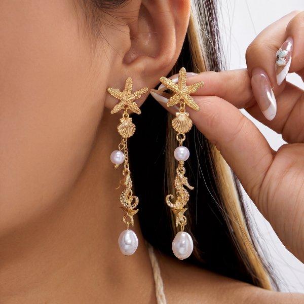 Bohemian Beach Starfish Shell Drop Earrings for Women Summer Pearl Long Tassel Dangle Earring Girls Mermaidcore Vacation Jewelry