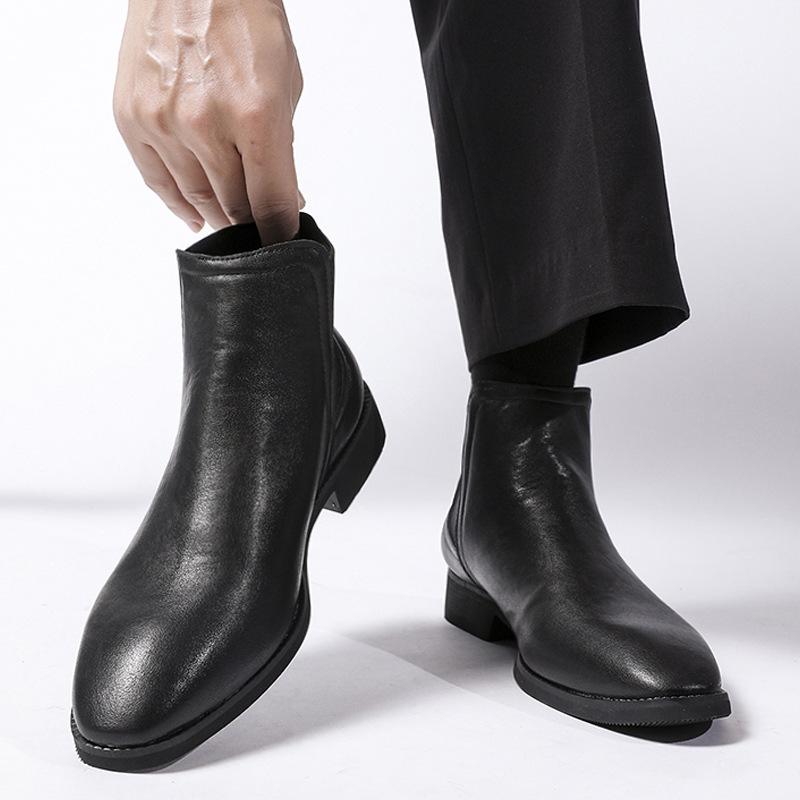 Men s Large Size Pointed Toe High-Top Leather Martin Boots - Autumn/Winter Slip-On Ankle Boots 39