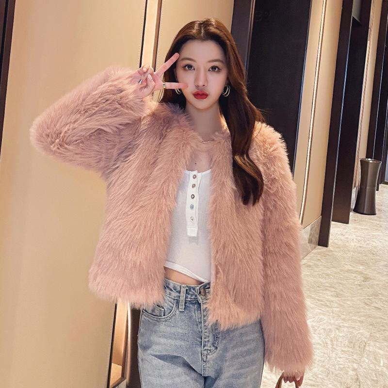 

Новое осенне-зимнее белое меховое пальто, женское короткое пальто из искусственного лисьего меха, молодежное шерстяное пальто XXL розовый