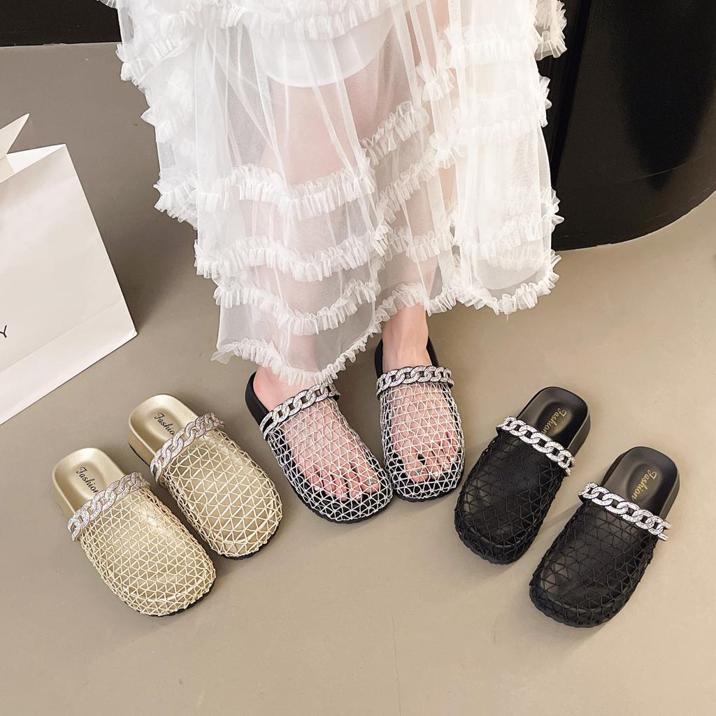 Retro woven fishing net cool slippers women's outer wear 2025 summer new rhinestone thick bottom word with bag head half slippers