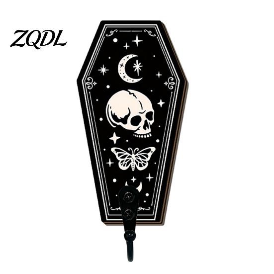Entrance Hall Storage Halloween Gothic Wooden Wall Hook with Moon Star Skeleton Patterns, Decorative Retro Key Hanger for Bedroom Accessory