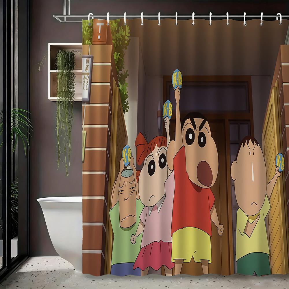 Crayon Shin-Chan & Friends Adventure On Rocks 2D Print Waterproof Shower Curtain, Blue Night Anime Bathroom Decor With Hooks