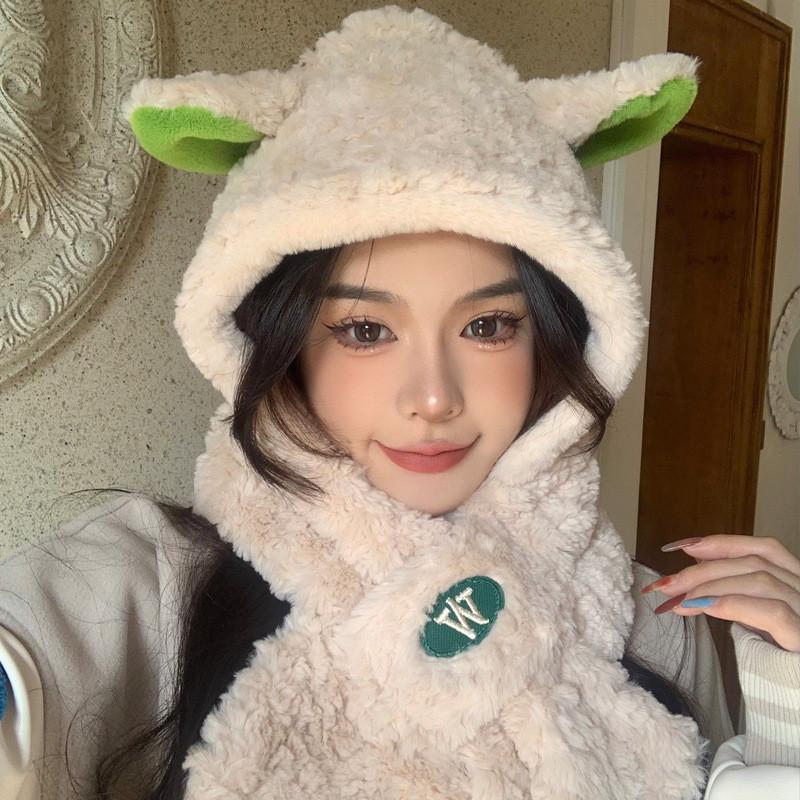 Lamb Design Cute Plush Hat And Scarf For Women Warm Winter Accessory
