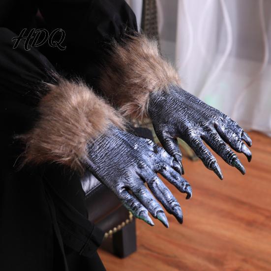 Werewolf Cosplay Gear Realistic Claws Gloves, Furry Black Wolf Paw Costume Headgear, Halloween Durable Gloves Beast Animal Props for Party Cosplay,