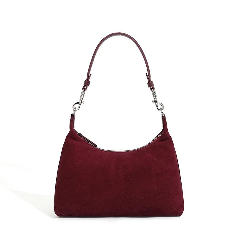 Pure Suede Cowhide Leather Women's Underarm Shoulder Crossbody Bag For Ladies Velvety Versatile Commuting Trendy Hand Bags