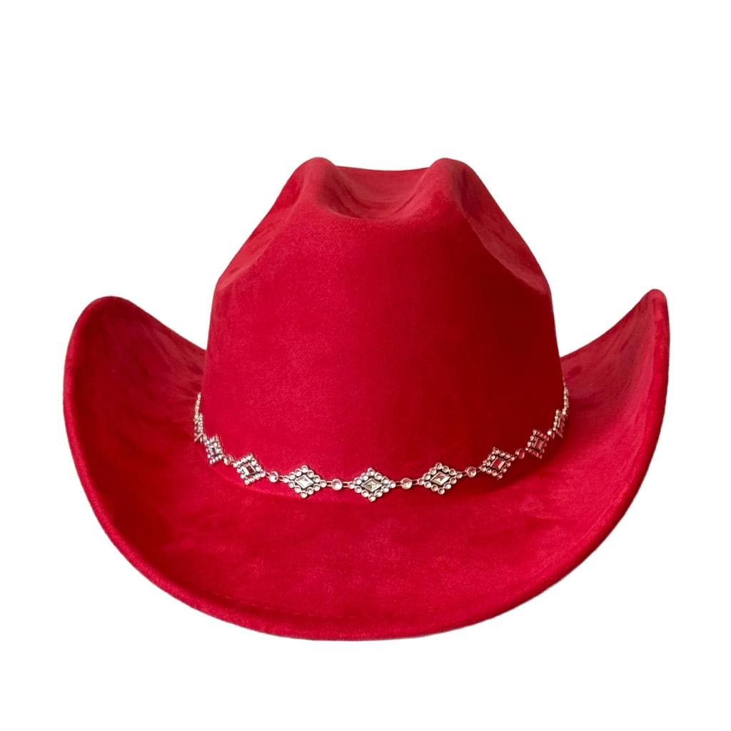 Rhombus Rhinestone Suede Cowboy Hat - Upturned Brim, Fluffy Design, Perfect for Parties or Gifts