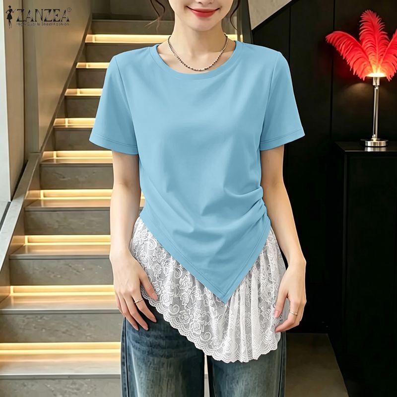 ZANZEA Women Casual Lace Splice Irregular Hem Summer Short Sleeve Blouse Tops