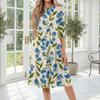 Women’s Casual Floral Print Crew Neck Three Quarter Sleeve Midi Dress Loose Fit Soft Fabric Mid Length Design