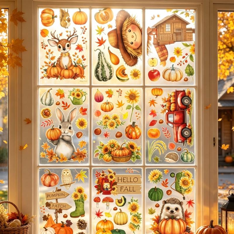 9 Sheets PVC Thanksgiving Glass Clings with Sunflowers, Pumpkins, Fall Message Signs and Animal Motifs for Smooth Glass Displays in Homes, Offices and