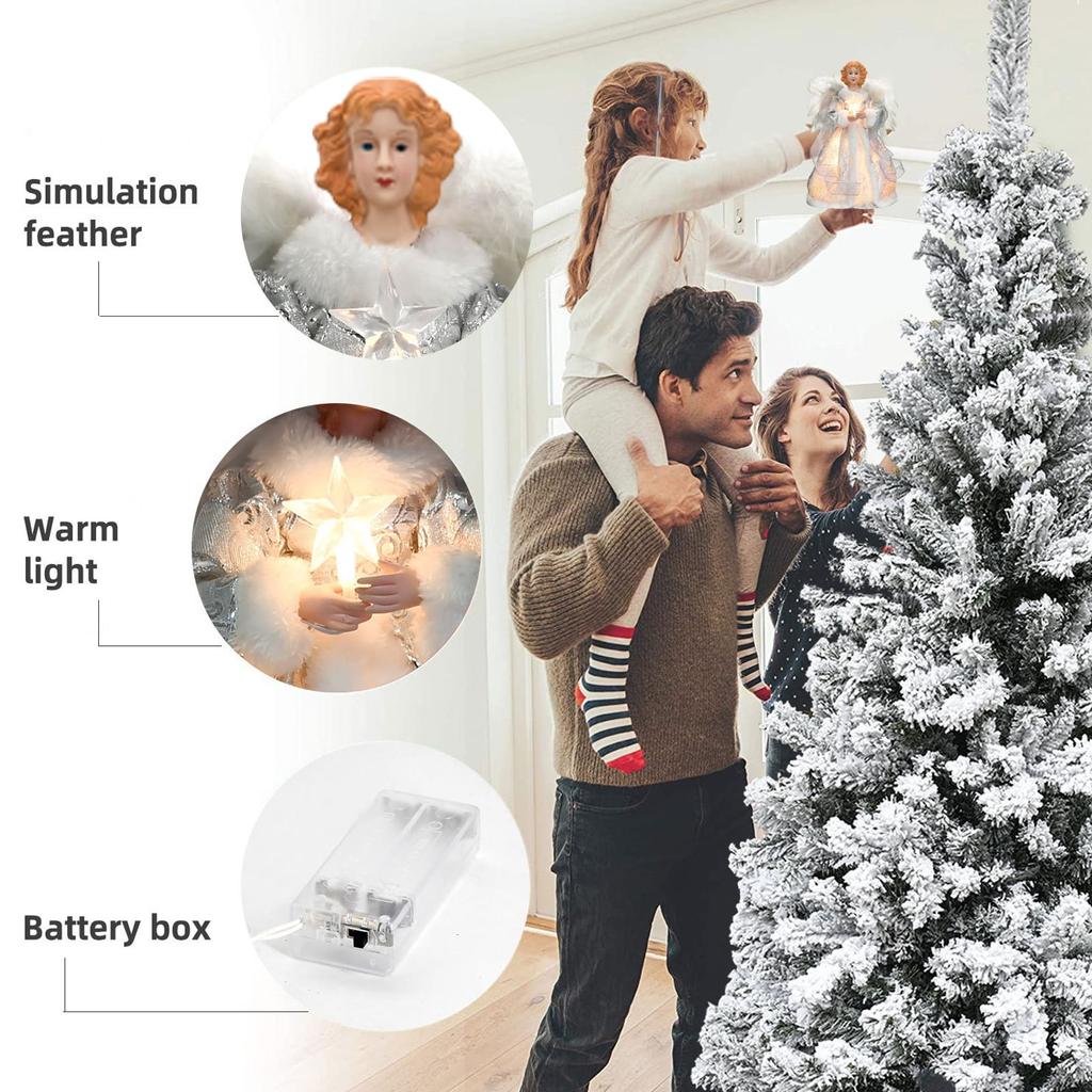 Wirlsweal Anjo de Natal Topo Anjo Boneca Estrela Topo de Árvore Iluminado Reutilizável Decoração de Pena Bom Detalhe Decoração Topo de Árvore de Natal Festa de Ano Novo