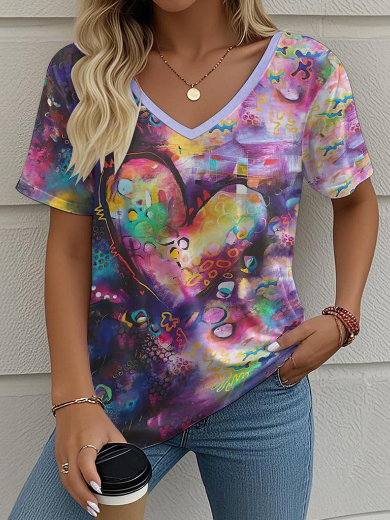 Letní gradientní 3D umělecký květinový potisk grafická halenka dámská s V-výstřihem módní retro oblečení volné oversized tričko