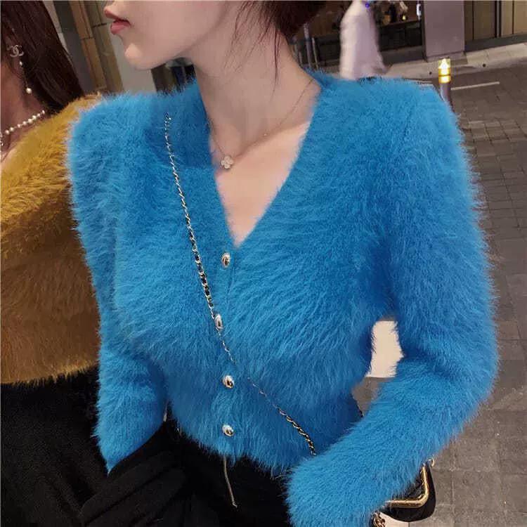 Y2k Vintage Fashion Streetwear Korean Knitwear Solid Slim Jumpers Cropped Mohair Knitted Cardigan Women V-Neck Sweater Coat