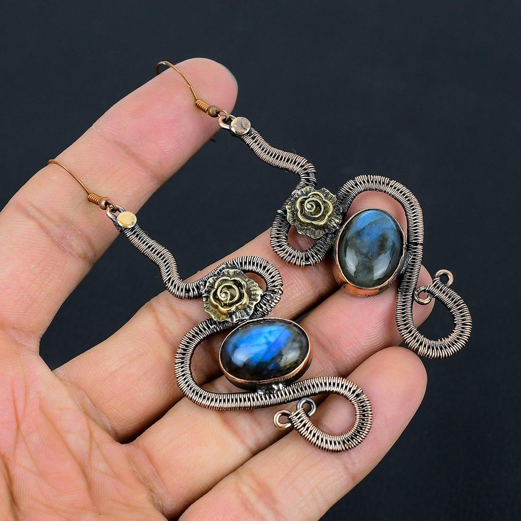 Labradorite 999 Copper Wire Wrapped Earrings, Handmade Gemstone Earrings Jewelry, Gifts For Wife Brand New Earrings