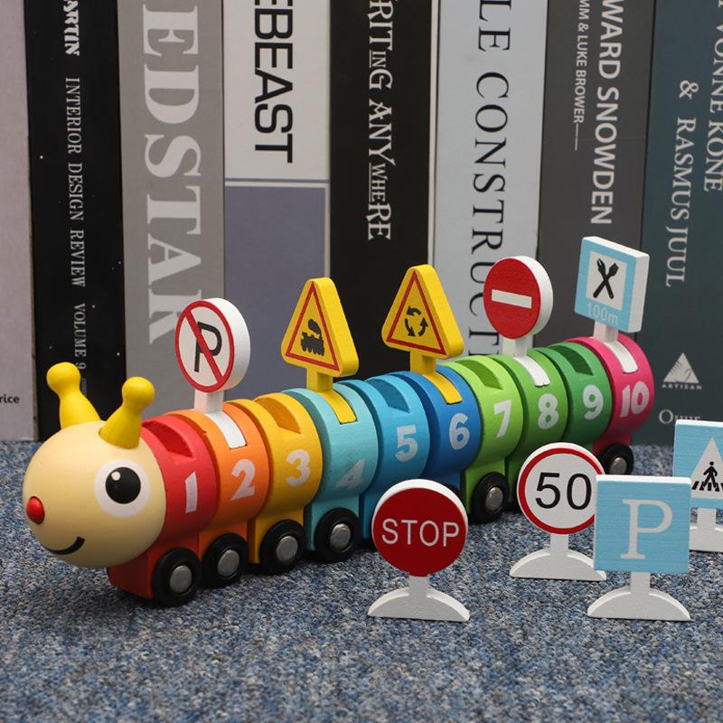 Wooden Caterpillar Train Puzzle Early Education Enlightenment Velcro Connect Traffic Train Toy