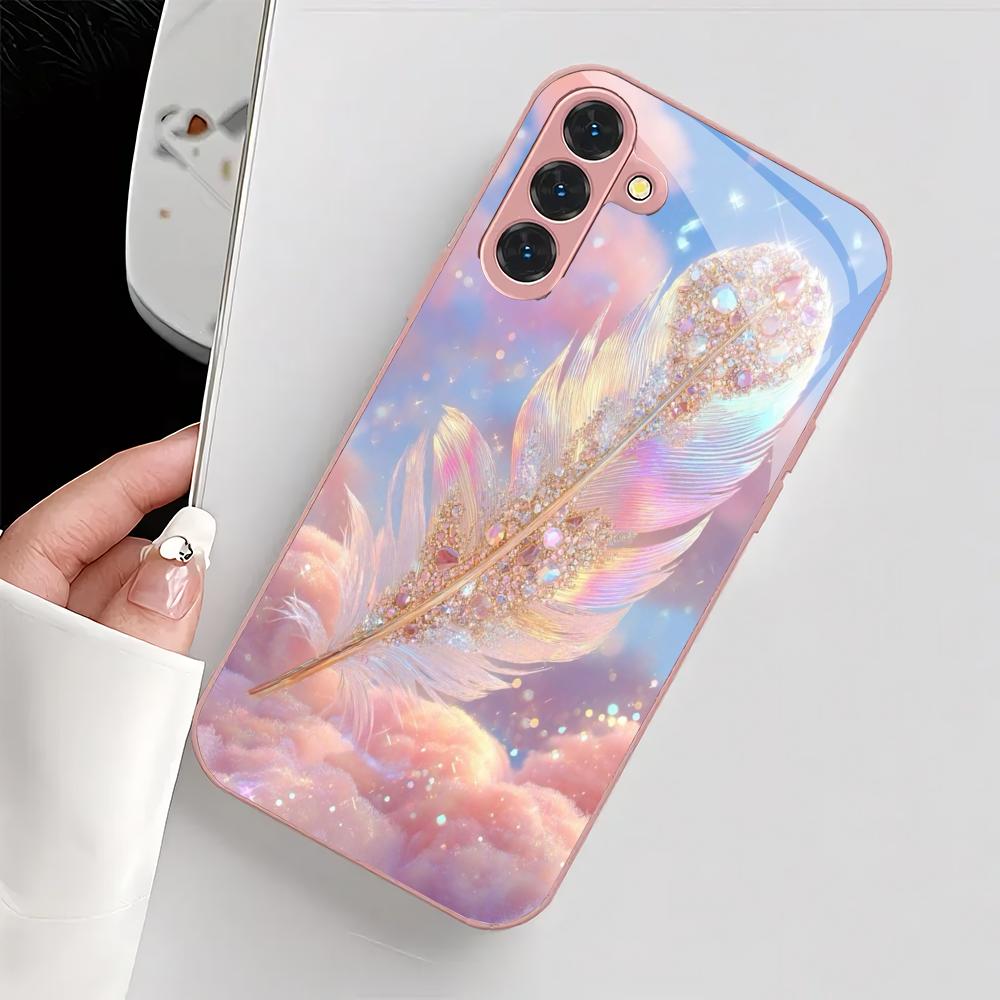 Rosa Feder gehärtetes Glas Handyhülle geeignet für Samsung Galaxy S26 S25 S24 S23 S22 S20 FE/Ultra/Plus stoßfeste Rückabdeckung