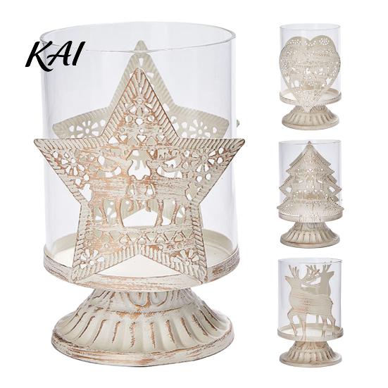 Holiday Gift for Her 2Pcs Christmas Hollow Metal Candle Holder, Vintage Tabletop Tealight Lantern, Xmas Glass Lamp Elk, Tree, Star & Heart Silhouette