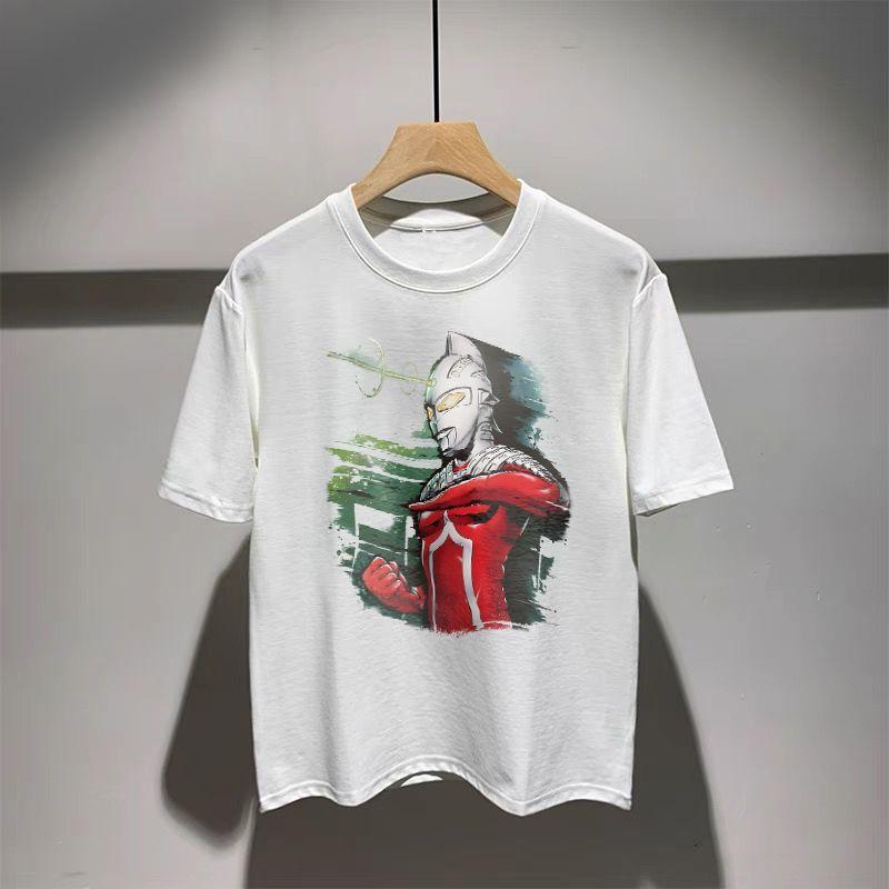 Summer Short-sleeved Men's Trendy T-shirt Teen Ultraman Cartoon Print Large Size Loose American High Street Top