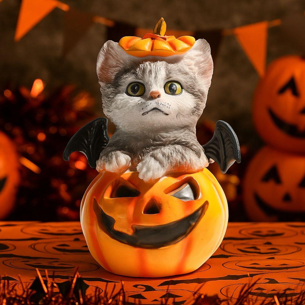 Cute Halloween Cat Pumpkin Statue Handmade Cat Desk Figurine Pumpkin Ornament  Halloween Party