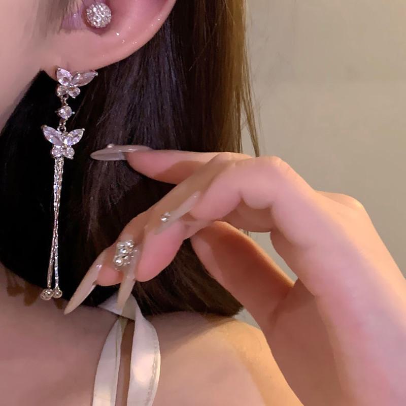 Exquisite Zircon Butterfly Long Tassel Stud Earrings For Women Personalized Fashion Daily Accessory Party Jewelry Birthday Gifts