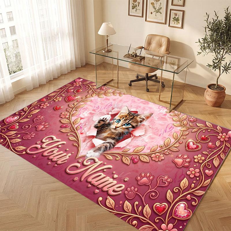 Tapis de sol en velours cristal thème chat Nom personnalisé texte Tapis chaud Décoration de maison