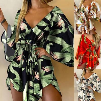 Asymmetrischer Saum, elegantes Schönheits-Damenkleid, tropischer Druck, sexy Damenkleid, Krawatte vorne, V-Ausschnitt, Minikleid, Strandmode